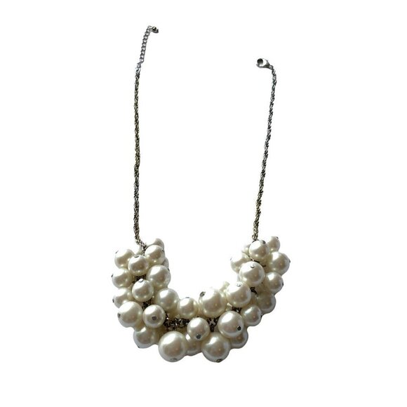 White Faux Pearl Cluster Necklace Silver Tone Chain Adjustable Length - Picture 2 of 3